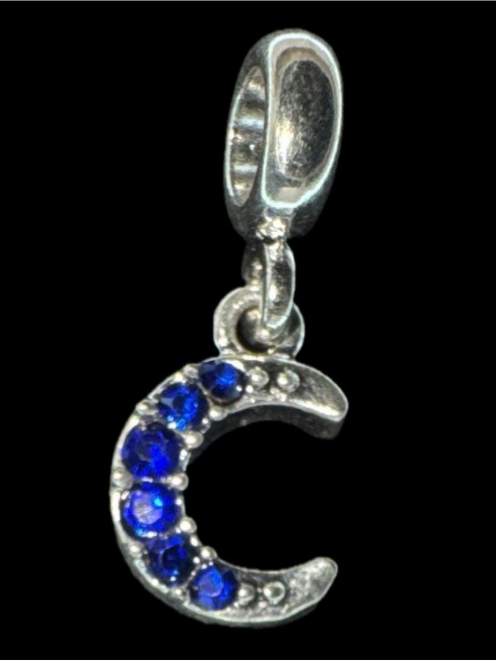 Silver Crescent Moon Charm with Blue Stones